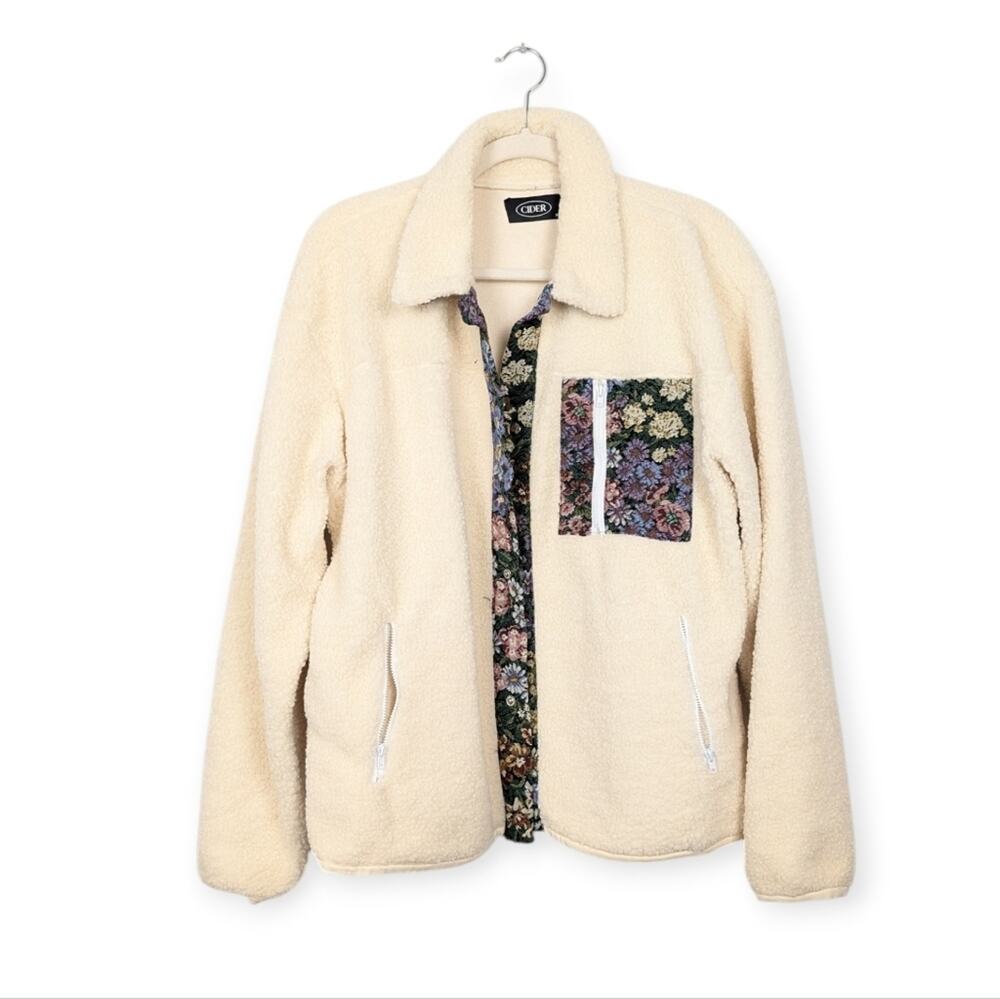 Cider Fleece Jacket XL Ivory Floral Detail Button Up Cozy Casual Outerwear